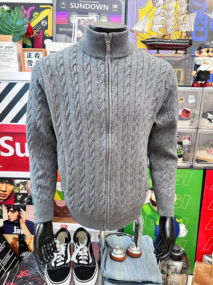 

Серый мужской кардиган Cleanfit из витого трикотажа с открытым передом, осенний свитер премиум-класса в американском стиле, куртка с воротником-стойкой