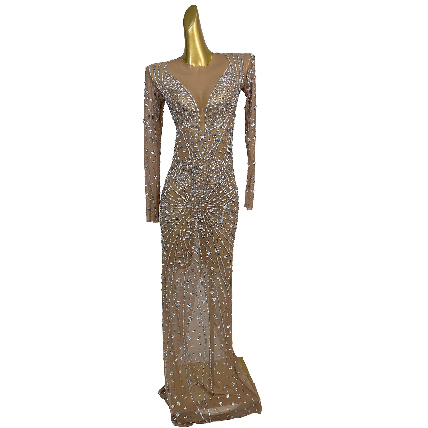 Yanhua Sparkle Silver Rhinestone Nude Sheer Mesh Long Sleeve Mermaid Maxi Dress Evening Formal Stage Gown