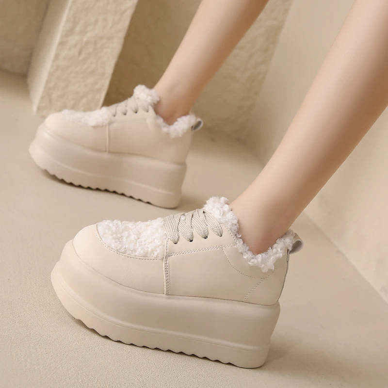 New Winter Warm Casual Leather Shoes 7.5CM Heels Women High Platform Fur Sneakers Thick Sole Plush Sport Dad Shoes Zapatos Mujer