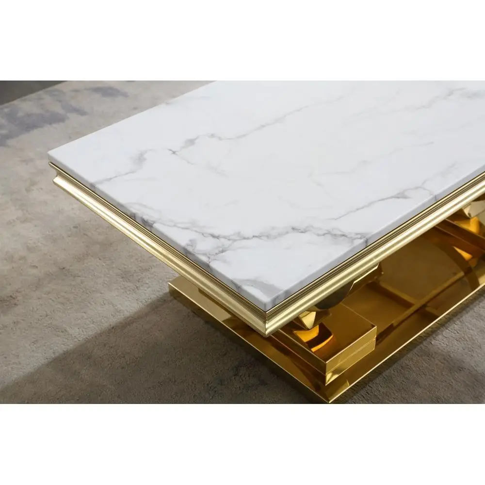 Modern Rectangular Faux Marble Coffee Table with Mirrored Stainless Steel Base for Living Room and Center Tea Service