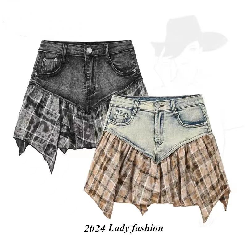 Summer 2000s Spicy Girl Spliced Denim Skirt Women New Versatile Fashion Casual High Waist Slimming A-line Short Plaid Skirt Chic