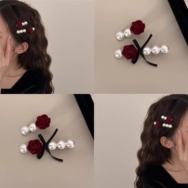 

Velvet Rose Flower Hair Clip Sweet Pearl Floral Hairpin French Romantic Girl Bangs Barrettes Wedding Bride Headwear Accessories