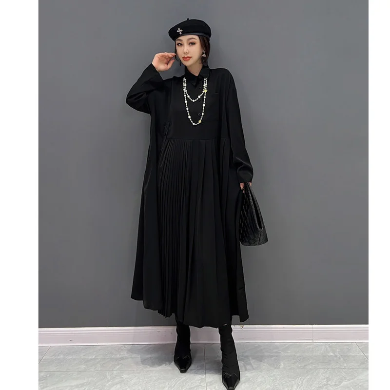 Women Long Sleeves POLO Collar Dress Loose Mid-length Pocket Splicing High Waist Pleated Dress 2024 Spring Autumn LHX2413