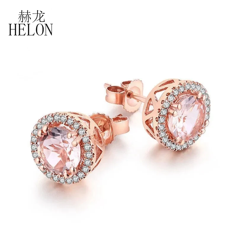 HELON Solid 18k Rose Gold Stud Earrings Round 1.43ct Morganite  Diamonds Engagement Wedding Earrings for Women Jewelry Gift