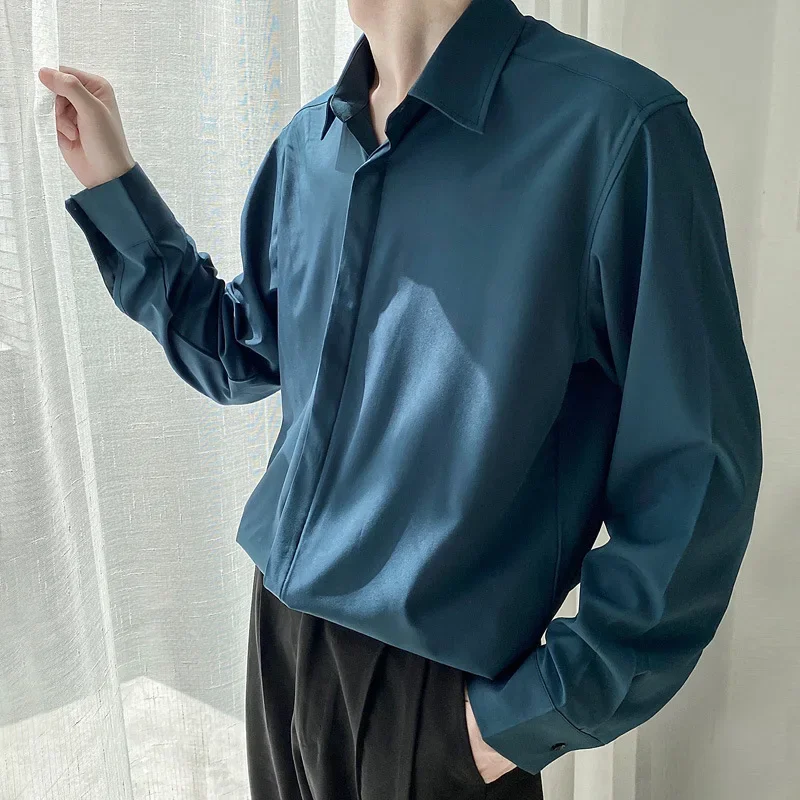 Young Men High-end Long Sleeve Light Ripe Wind Loose with Solid Color Shirt Spring and Autumn Ruffian Handsome Fashion Top