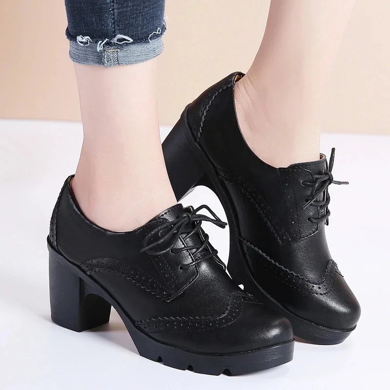 Women Pumps Shoes T Strape High Heels Brogue High Square Heel Genuine Leather Wedge Shoes Richelieu Woman