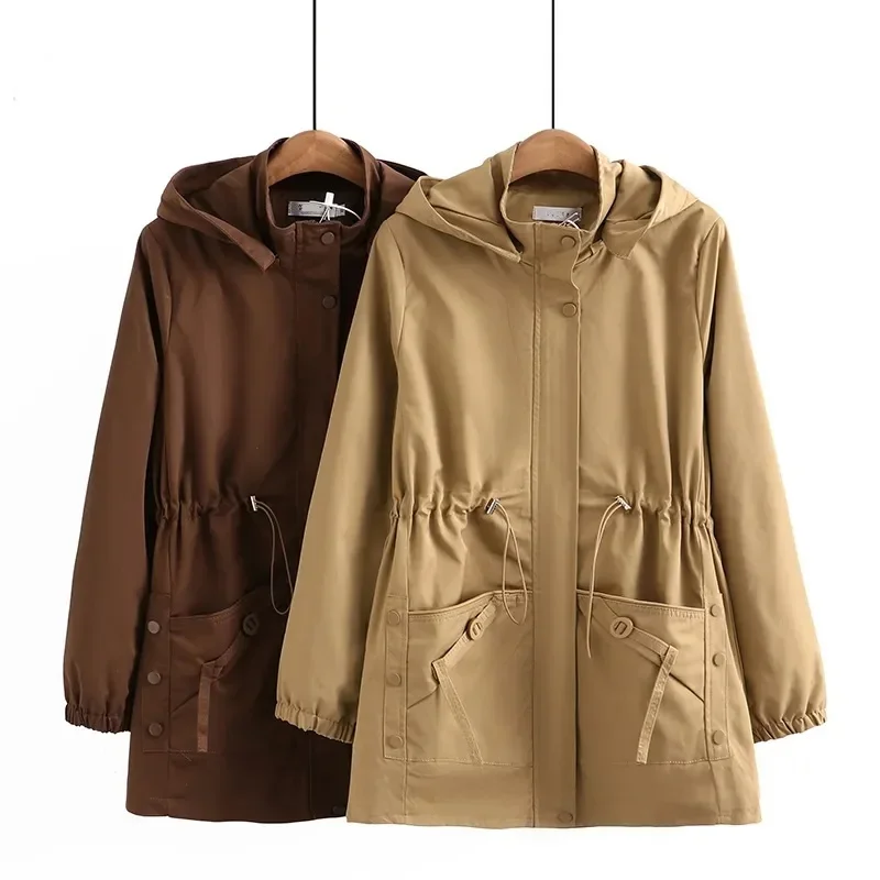 

Women Trench Coat Solid Mid Long Hooded Windbreaker Middle Aged Mothers Clothes Large Size Female Outerwear JJ377