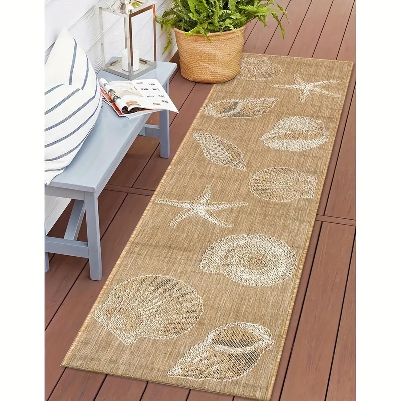 VIKAMA Coastal Seashell Doormat, Non-Slip Washable Runner Rug, Vintage Beach Hallway Mat for Kitchen Living Room Home