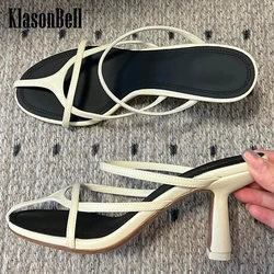 6.5 KlasonBell Leather Mesh Round Toe High Heel Slippers Women Elegant Fashion Cross-Tied Peep Toe Sandals 2024 Summer New