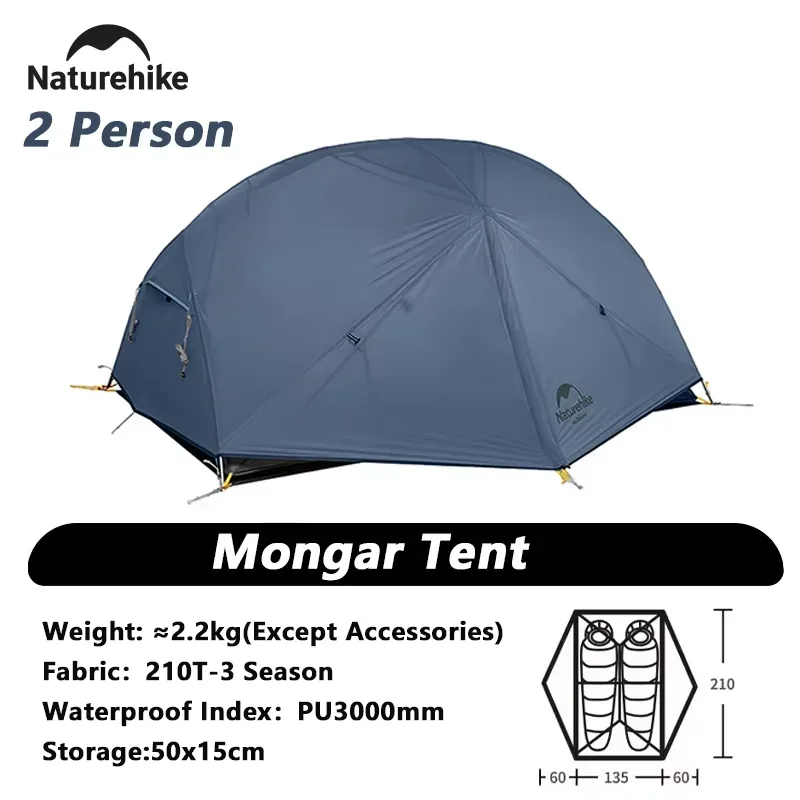 Tienda de Campaña Naturehike Mongar para 2 Personas, Nailon 20D 210T, Impermeable, Ultraligera, para Camping y Senderismo, con Colchoneta, Tienda de Viaje para Mochileros