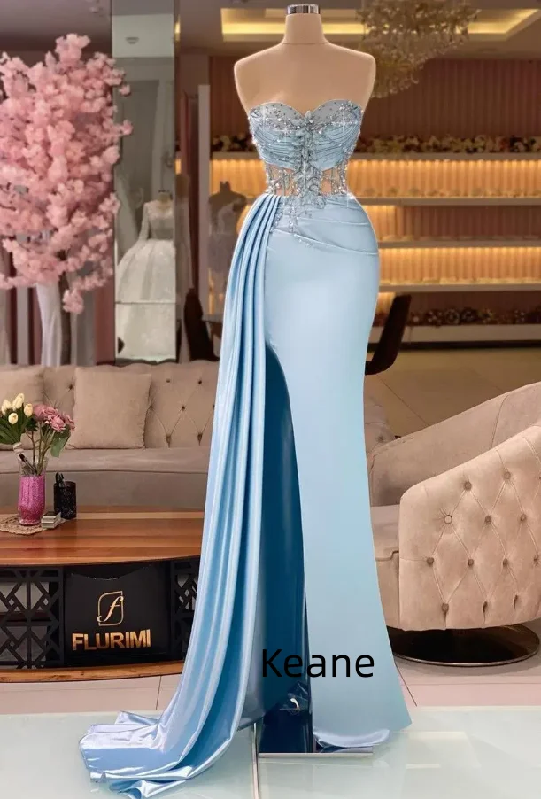 

Sky Blue High Slit Strapless Satin Evening Dresses Custom Made Dress for Special Occasions Prom Gowns