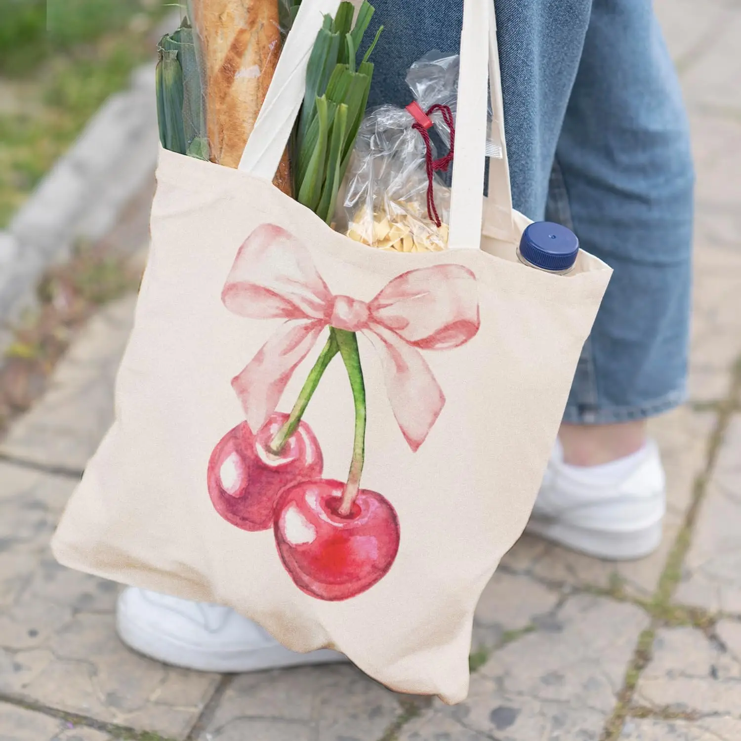 

Juicy Sweet Minimalist Beige Canvas Shoulder Bag Cherry Pink Bow Pattern Handbag Versatile for Daily Commuting and Leisure Use