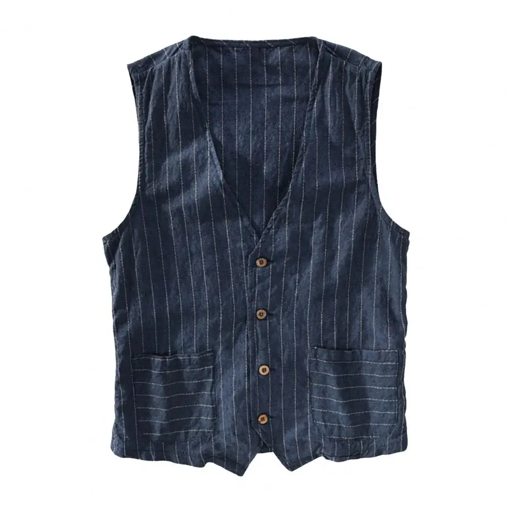 Striped Workwear Vest Stylish British Men's V-neck Striped Waistcoat Collection with Pockets Sleeveless Retro for Fashionable