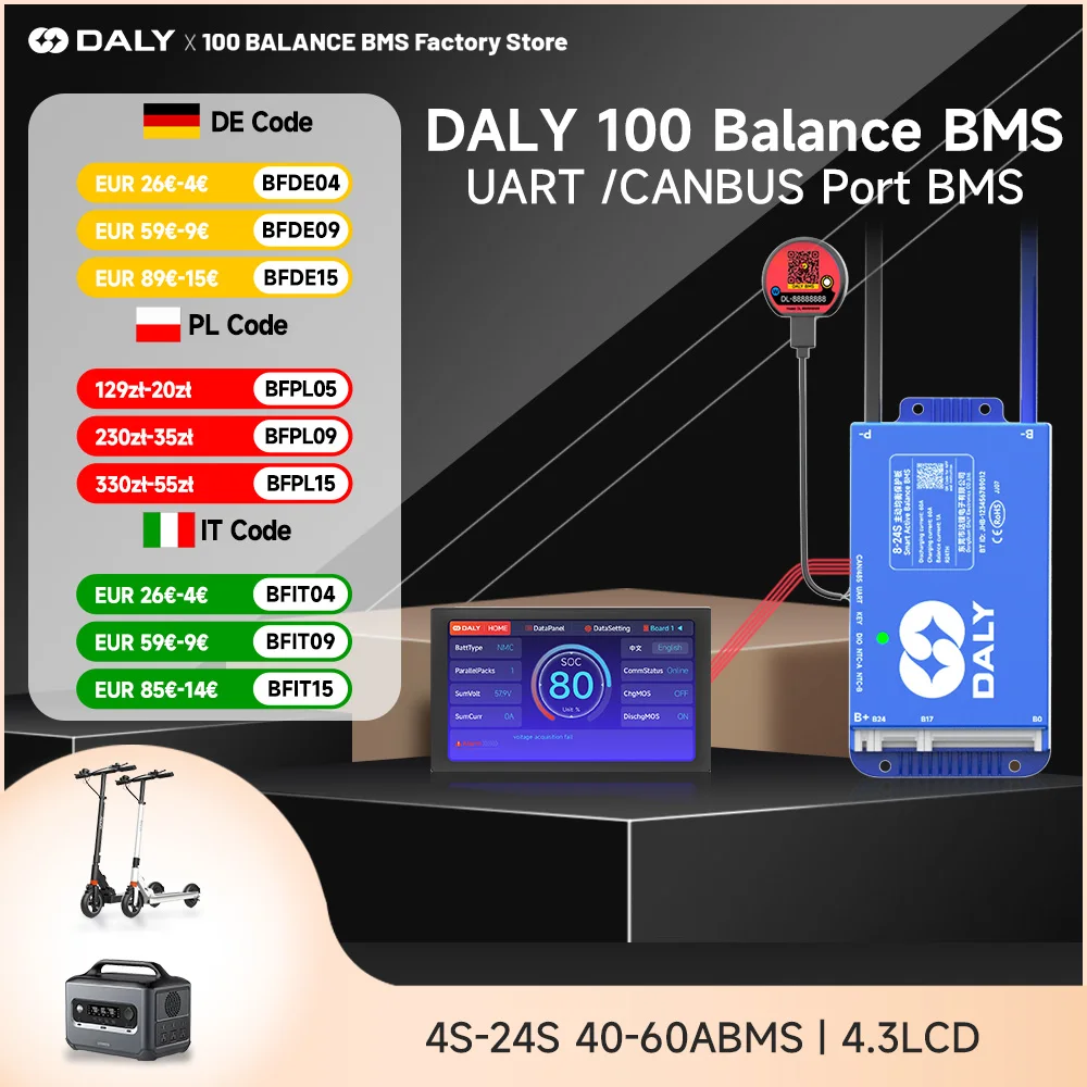 

Daly Smart BMS 100balance для lifepo4 li-ion lto NMC 40A 60A 4s 8s 10s 12s 16s 24s активный баланс Встроенный Bluetooth