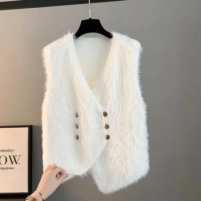 

New 2025 Autumn Winter Sleeveless Vest Women with Double-breasted Faux Mink Velvet High-quality Fashion Waistcoat Knitted Top