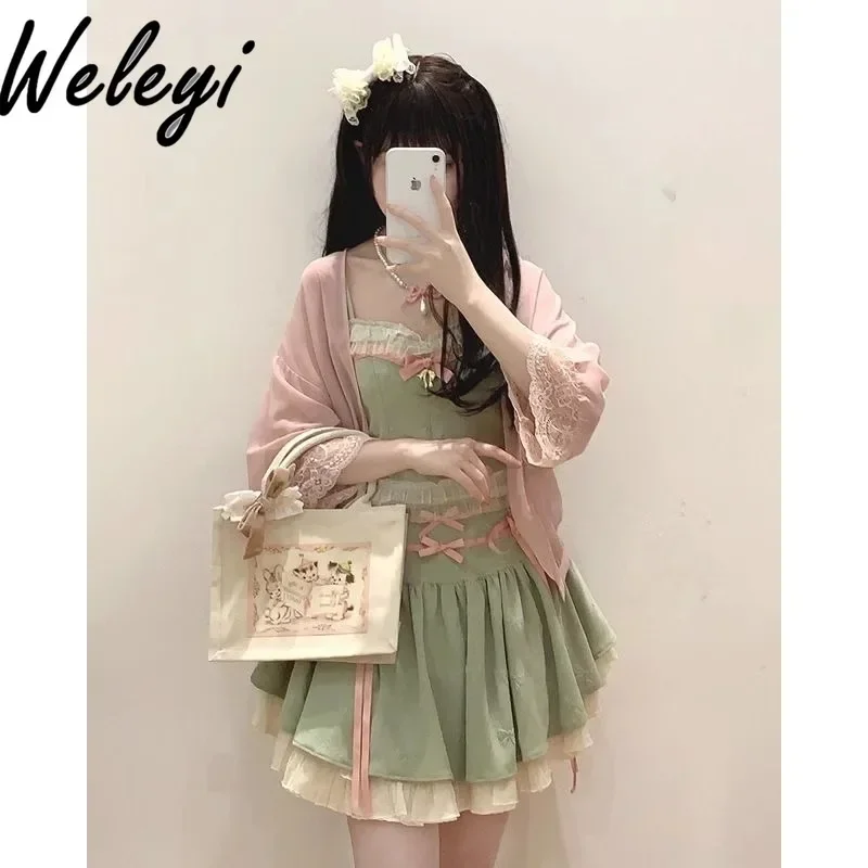 Lolita Bowknot Mint Green Pink Skirt Fashion Ropa De Mujer 2024 Summer Cute New Sweet Ballet Style Camisole Skirts Princess Suit