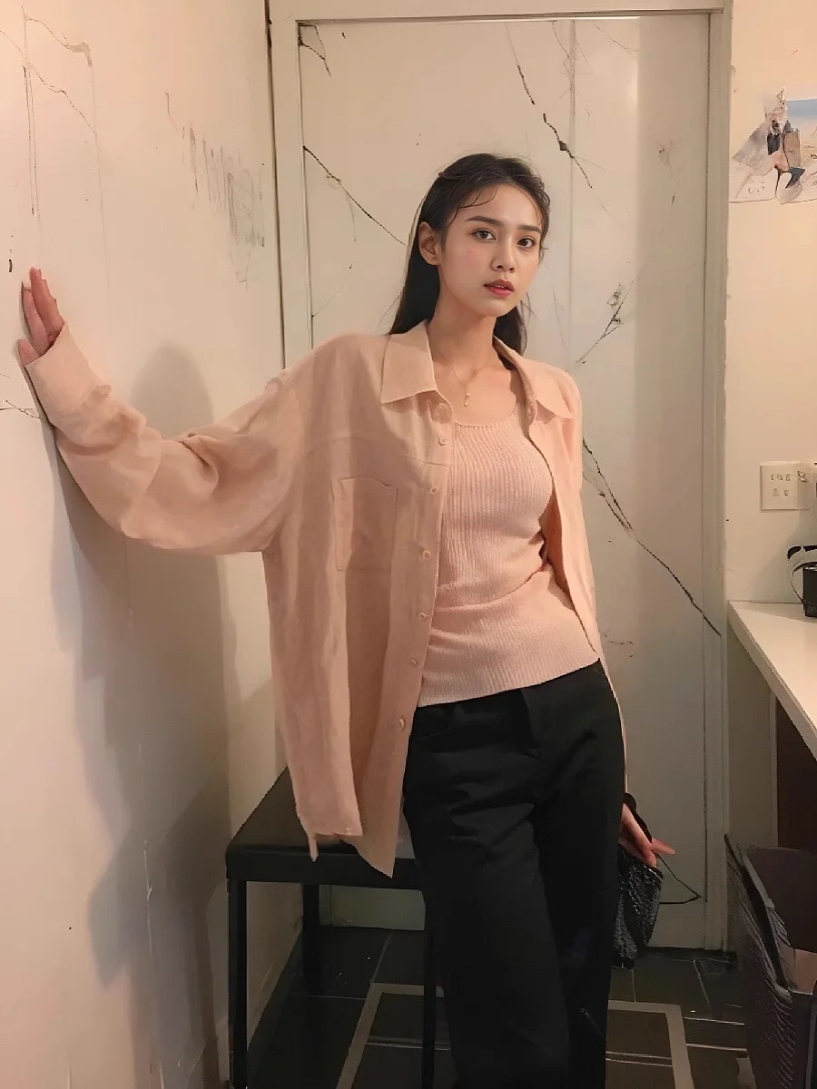 

Unique Light Pink Long Sleeve Women's Shirt Summer Thin Sun Protection Outerwear Casual Commute Style Loose Fit Button down