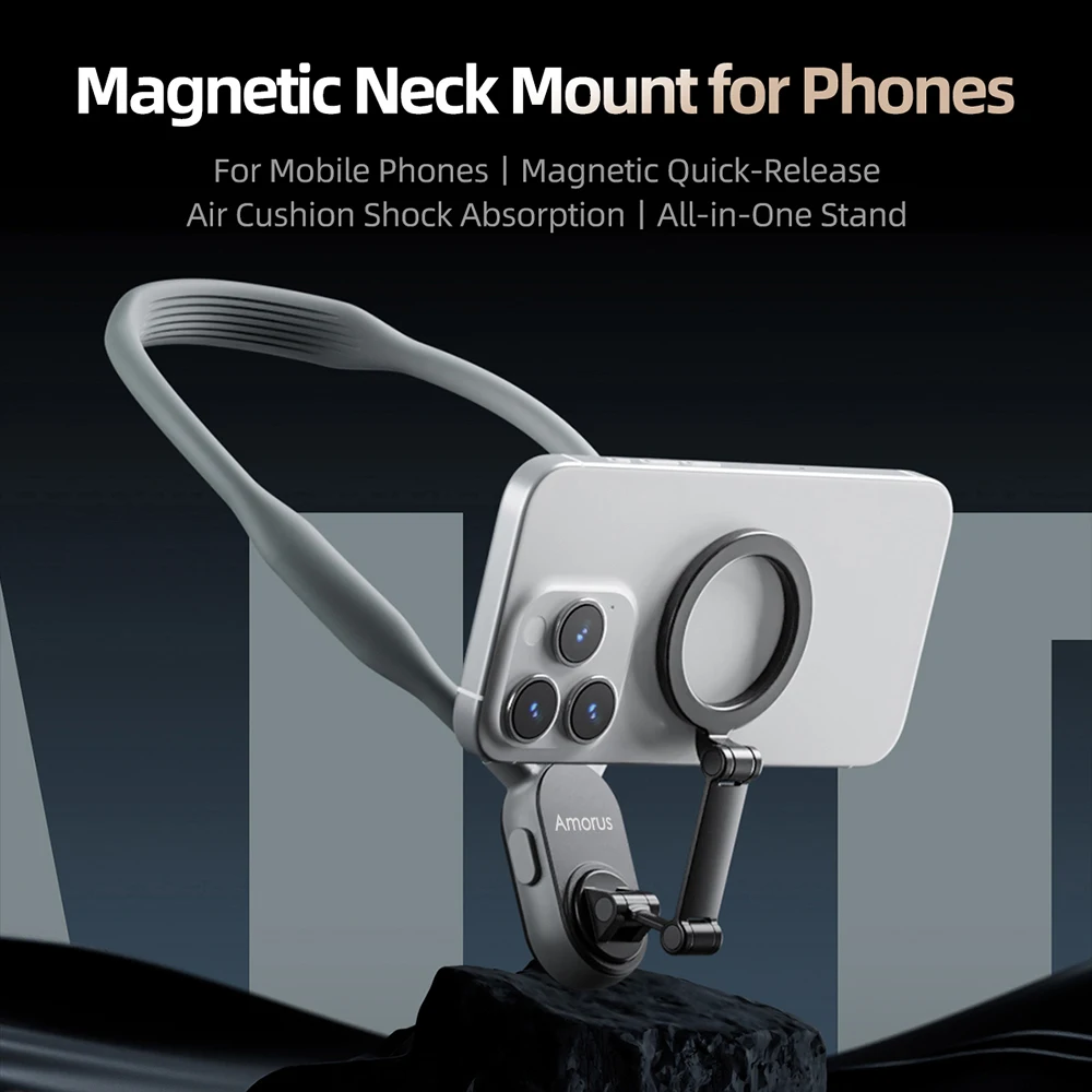 Amorus Silicone Magnetic Neck Mount Quick Release Hold for IPhone 15 14 13 12 SAMSUNG HUAWEI XIAOMI Vlog Selfie Mount Accessory