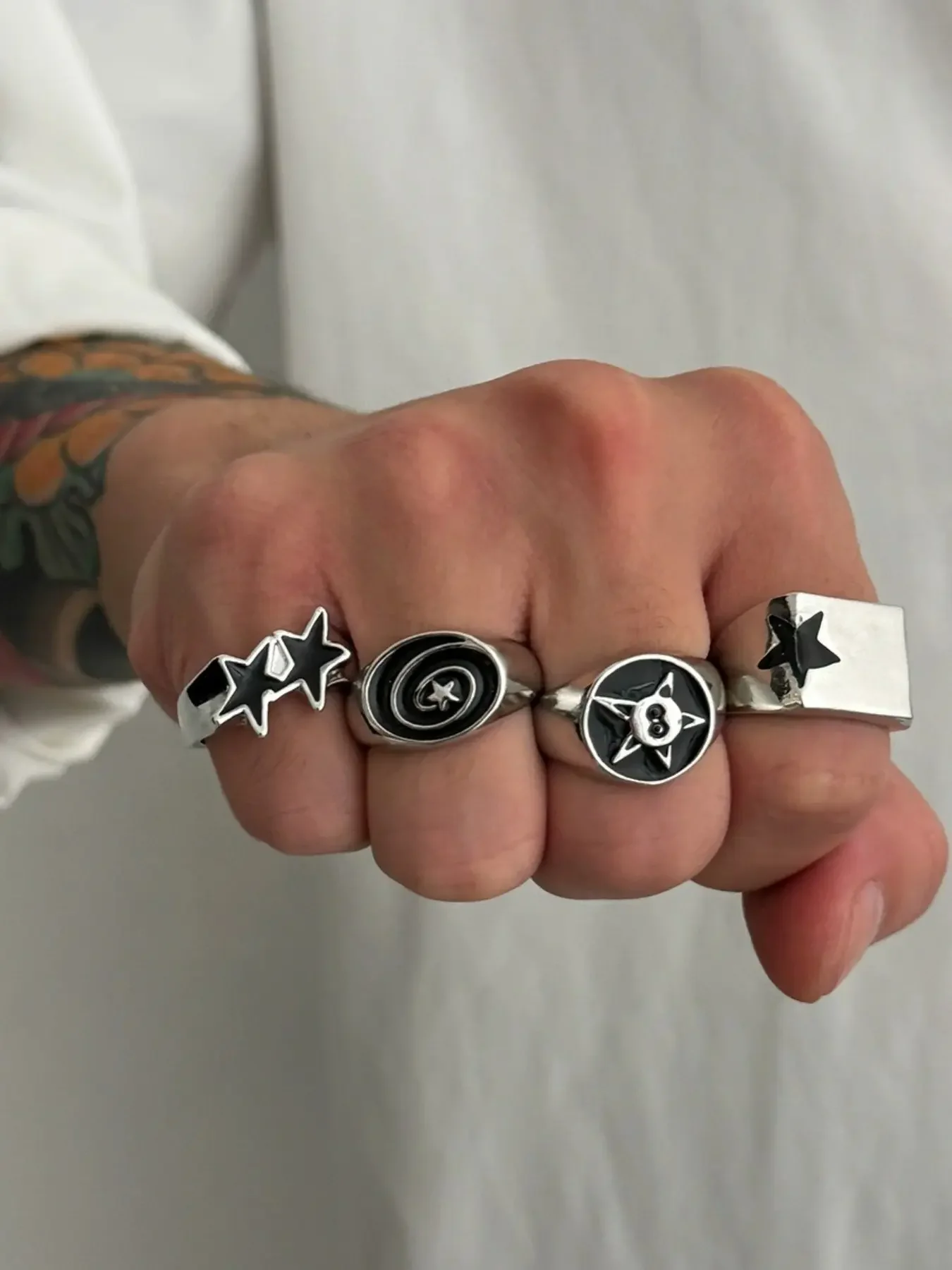 Men's Punk Style Ring Set, 4 Pieces Wide Face Star Design, Casual All-Season Jewelry, Perfect for Gifts and Daily Wear, Punk Rings, Stackable Rings Set