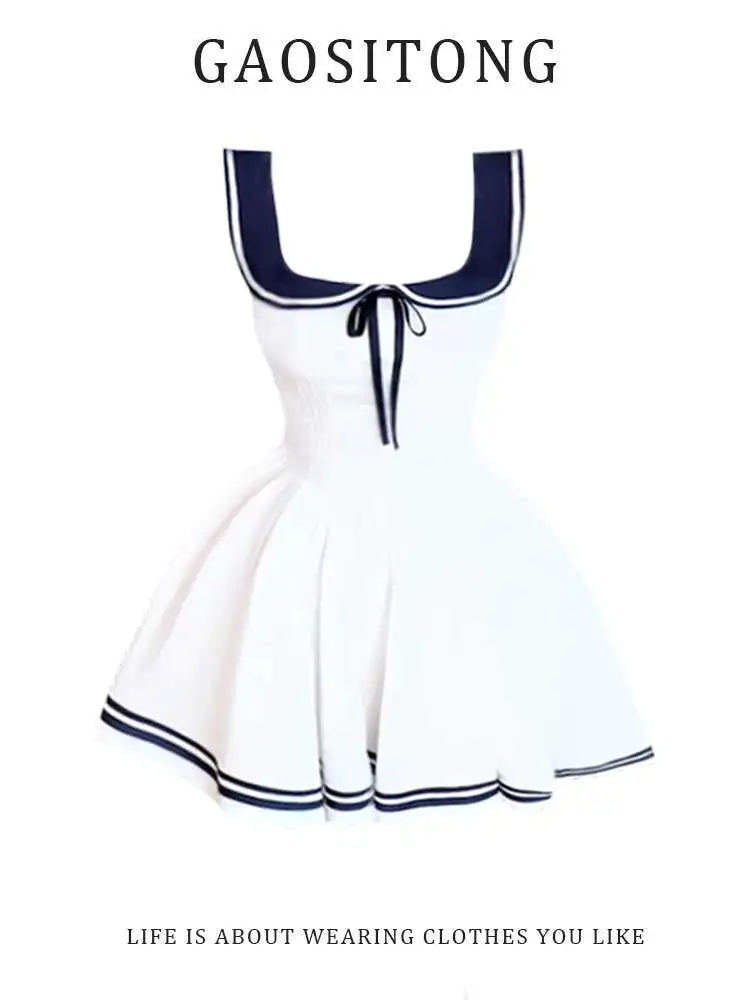 

GAOSITONG College Style Navy Collar Sleeveless Dress For Women Summer 2025 Color Block Slim Waist A-line Short Dress
