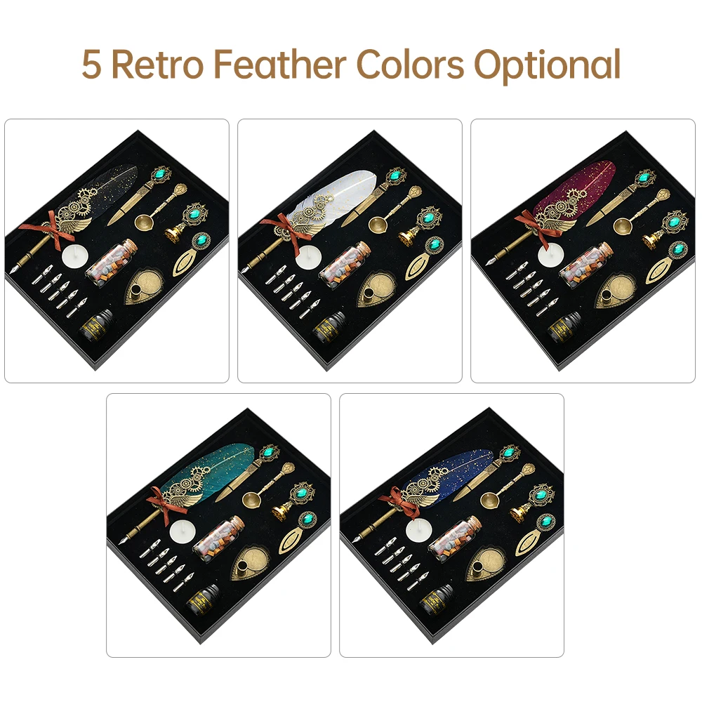 Vintage Feather Pen and Ink Set Fancy Metal Quill Pen with Gear Decorative with Pen Stand Base/10ml Ink/ Wax Beads/Nibs for Kids
