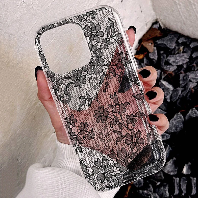 Romantic Lace Pattern Soft Transparent Phone Case For iPhone 16 17 16e 15 14 13 12 11 Pro Max X XR XS 7 8 Plus SE Silicone Cover