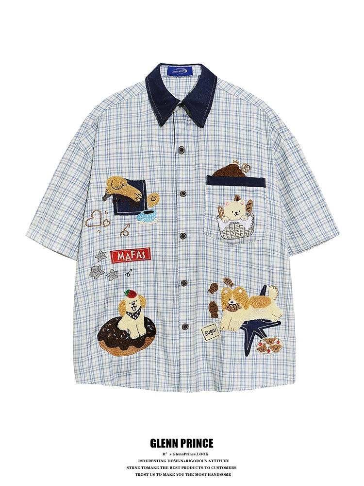 

GPstudio American Chic Lazy Dog Plaid ort Sve Floing Men's Shirt Summer College Sle Top Pure Cotton Breathable Youth...