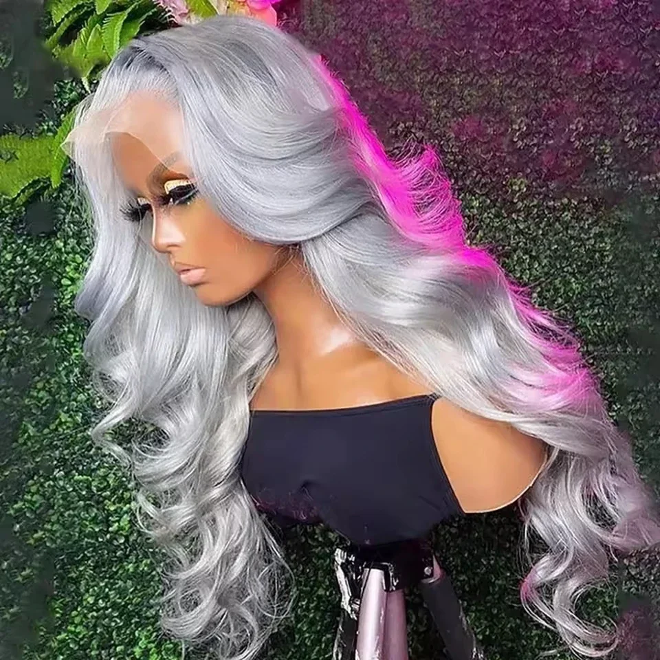 

Silver Grey Colored Lace Front Wigs For Women Brazilian Remy Body Wave HD Transparent Lace Frontal Human Hair Wigs Pre Plucked
