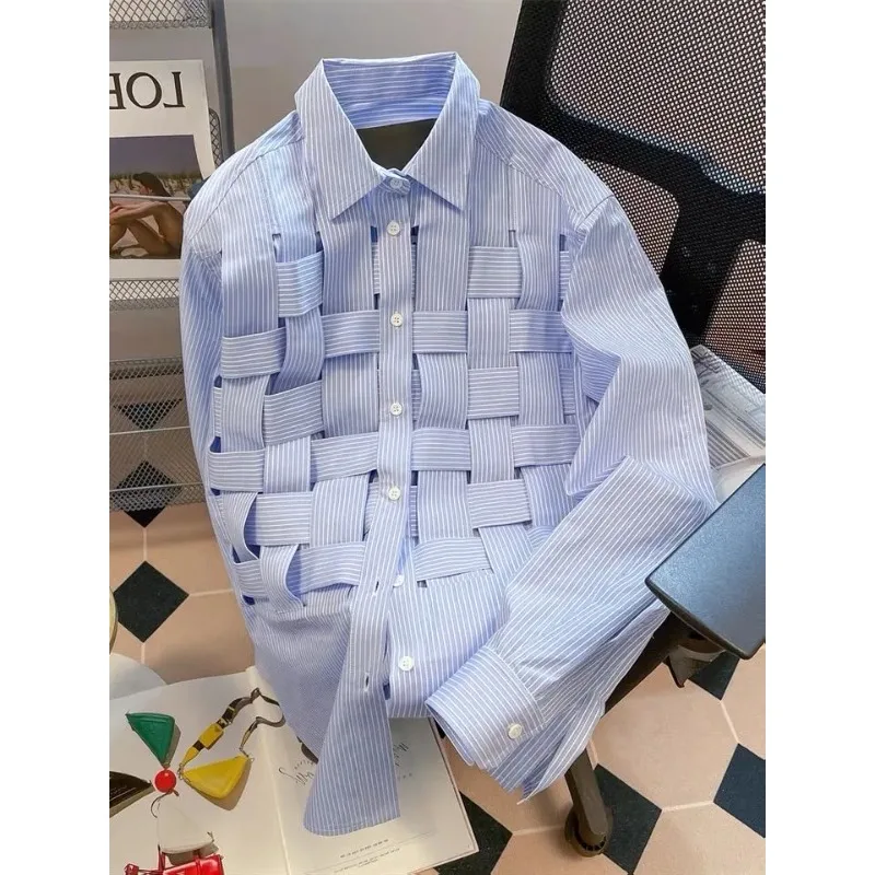 

SuperAen 2023 New Blue Long-sleeved Striped Shirt Women Lapel High-quality Fashion Office Lady Shirts