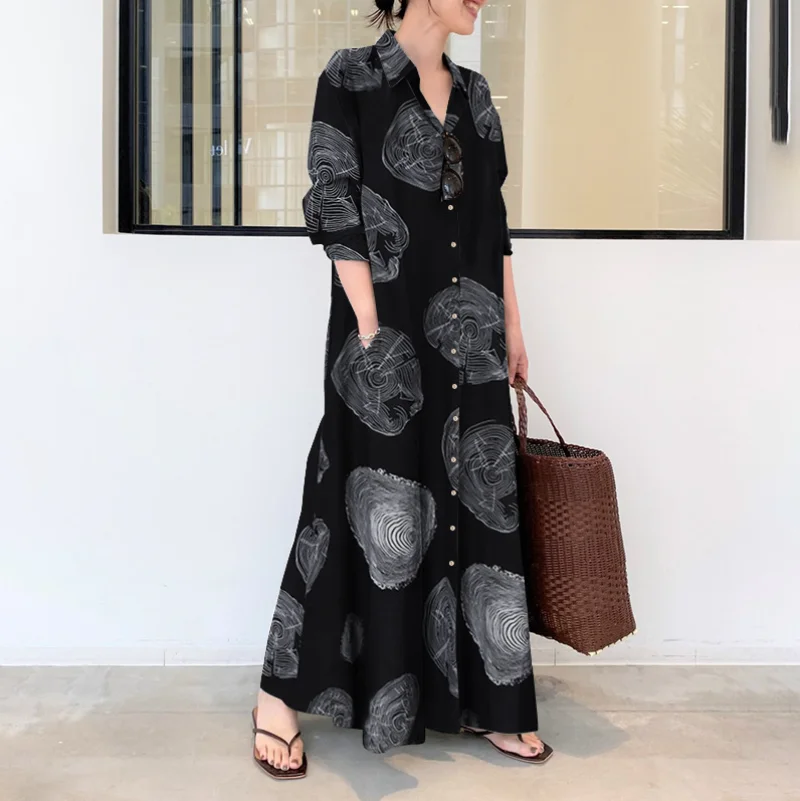 

2025 New Islam Abaya Dress Cotton Hemp Print Long Sleeve Abayas for Women Simple Loose Casual Long Shirt Women's Dress