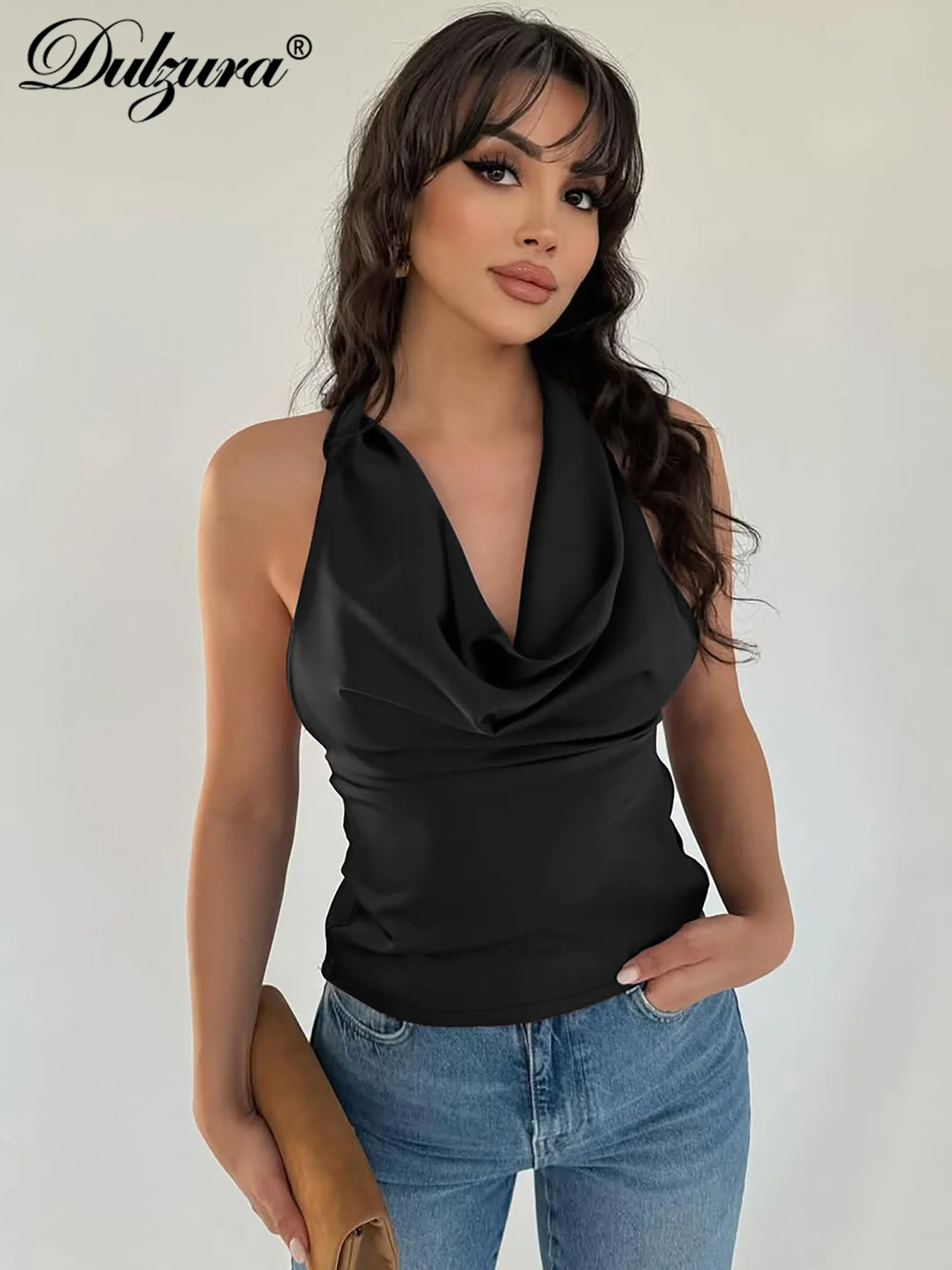 Dulzura укороченный топ без рукавов с лямкой на шее и рюшами на шнуровке с открытой спиной, однотонный повседневный элегантный топ Y2K, клубный уличный летний наряд