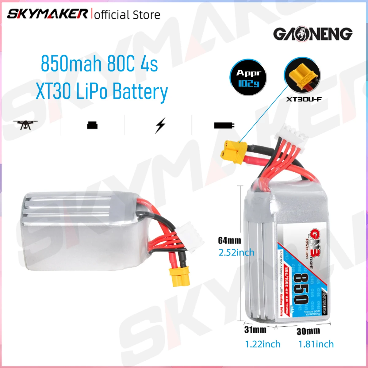 GAONENG GNB 4S 14.8V 850mAh 80C XT30 LiPo Battery