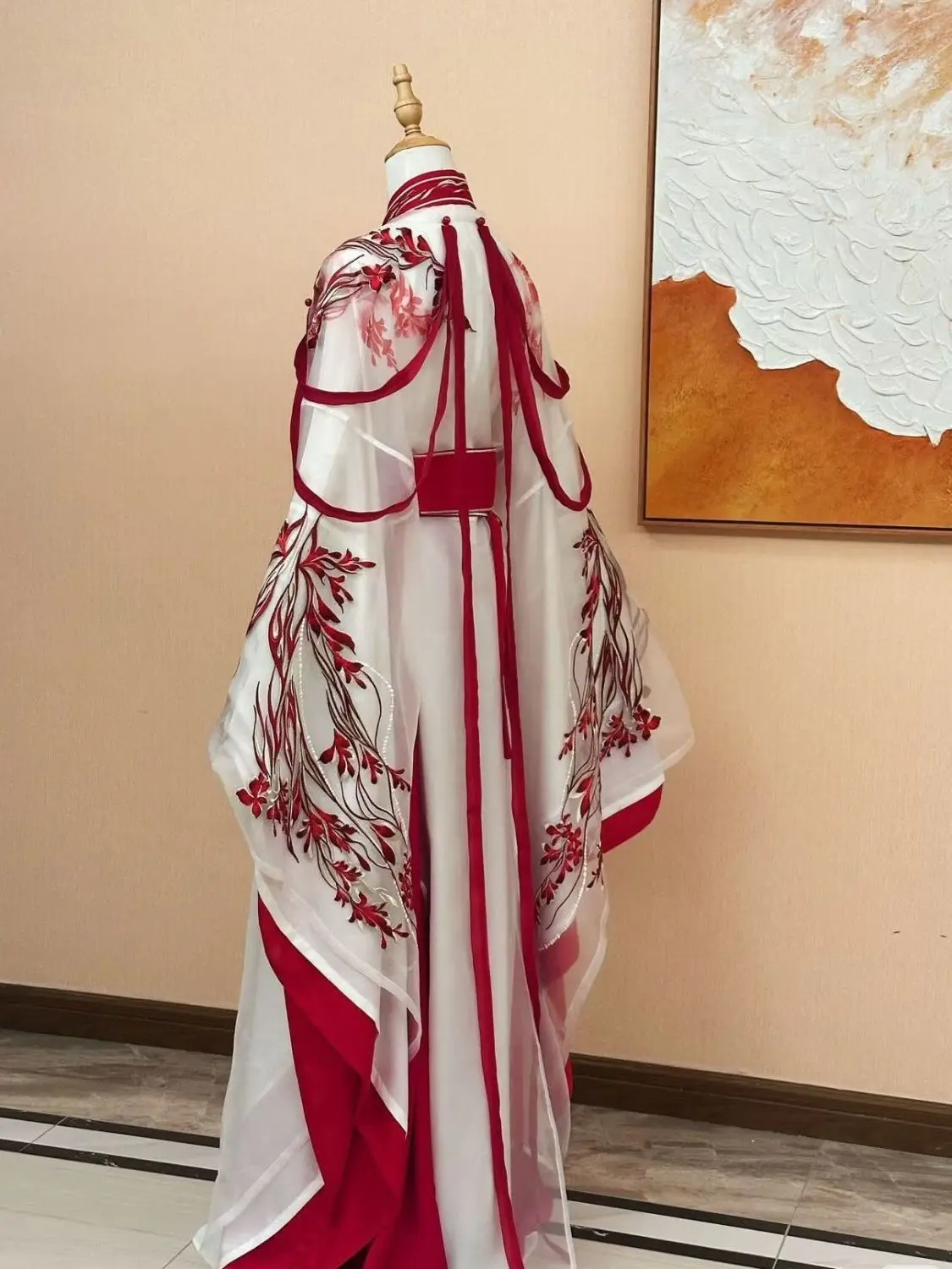 Hanfu For Women, Wei And Jin Dynasty Style, With Intricate Embroidery And Beading, Cross-collar, Large Sleeves, Red And