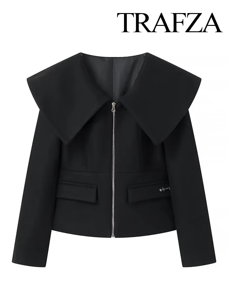 TRAFZA-Chaqueta de punto corta con cuello vuelto para Mujer, abrigo de manga larga con cremallera y cuello en V, elegante, moda de calle