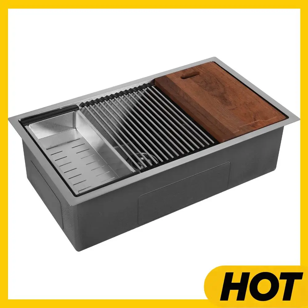 

Кухонная мойка 16 калибра, врезная, ручной работы, 30/33 дюйма, с нижней корзиной-фильтром, одинарная чаша, рабочая станция с бортиком