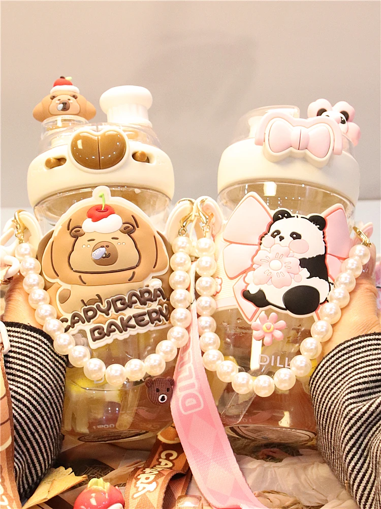 

Cute Children's Water Bottle Girl School Special Portable Straw Cup Food Grade Summer Season Diller Dilber Cartoon Style Trit...
