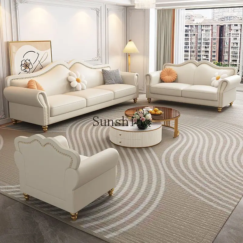 

French cream style living room straight row leather sofa