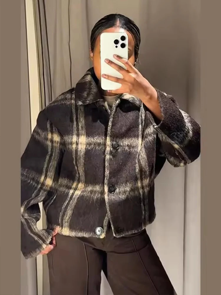 

Женское шерстяное пальто в сетку, куртки на молнии с длинными рукавами для женщин, модное уличное короткое пальто 2025, женская осенне-зимняя новая верхняя одежда