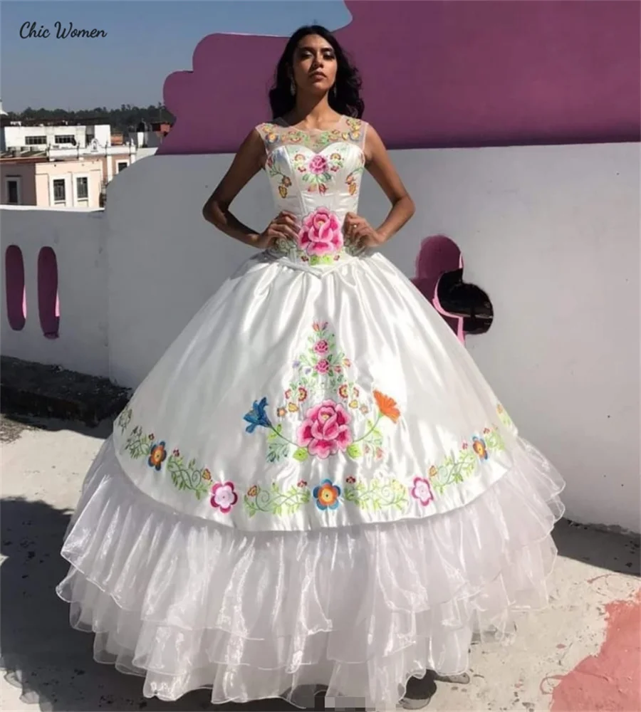 

Mexican White Quinceanera Dress Charro Vestido 15 Xv Años Quinceañera Embroidery Flower Birthday Party Cosplay Novia Customized