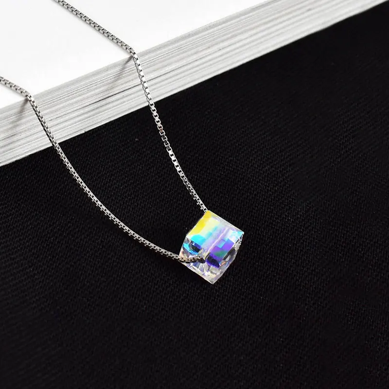 Geometric Square Colorful  Zircon Crystal Necklaces For Women Korean Fashion Sexy Female Clavicle Chain Pendant Necklace Jewelry