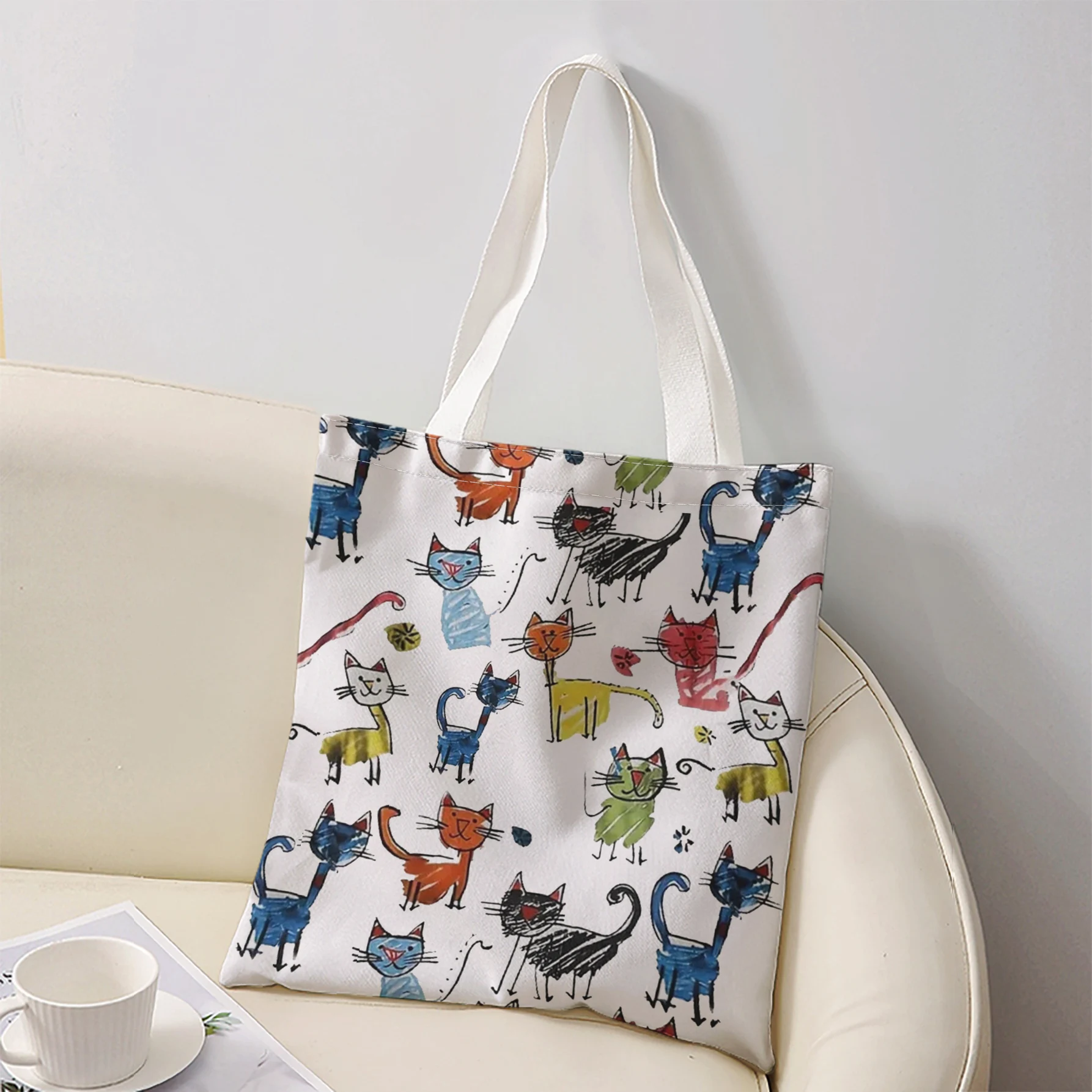 Doodle Multicolor Cartoon Cats Print Tote Bag Large Shoulder Handbag For Shopping Daily Commute