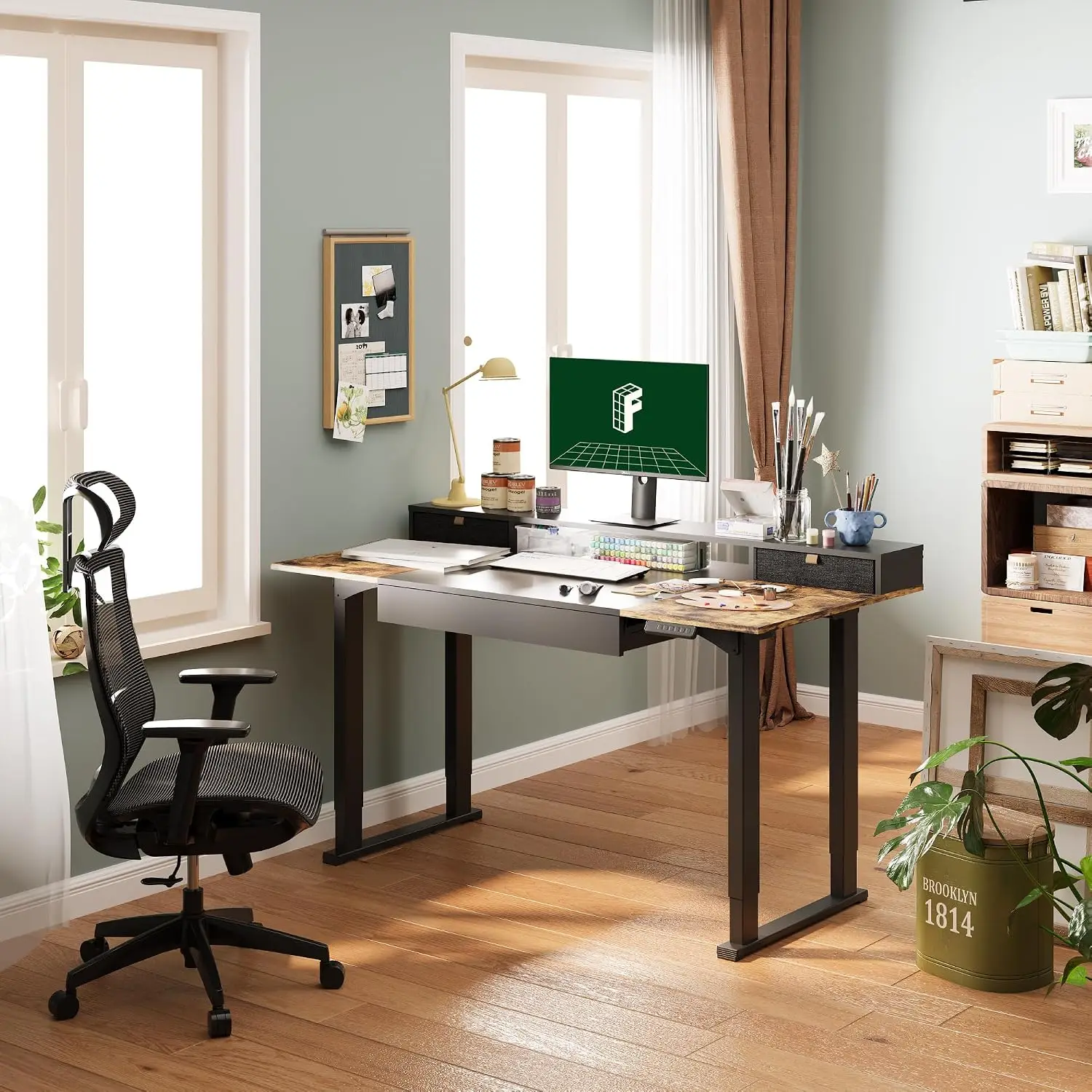 4-Leg Electric Standing Desk with 3 Drawers & Shelves, 63