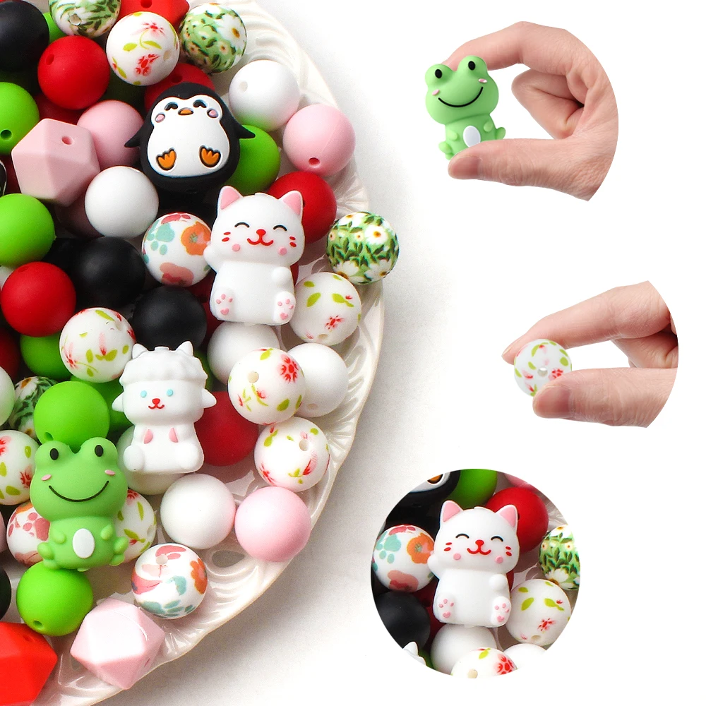 23PCS Animal Themed 3D Silicone Beads Kit Penguin Frog Prints Round Focal Beads  For Jewelry Keychain Craft Decorations Making