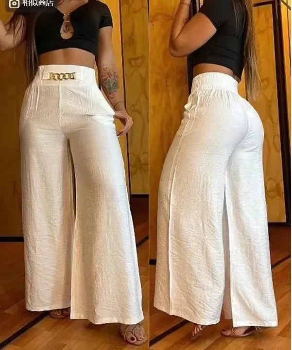 

Women's High Waist Wide Leg Pants, Elegant Chain Decor, Black Trousers, Casual Clothes, White, Summer