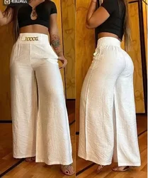 Women's High Waist Wide Leg Pants, Elegant Chain Decor, Black Trousers, Casual Clothes, White, Summer