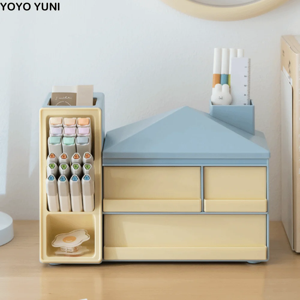 

Large Capacity Slanted Pen Holder with Drawer Desk Organizer Desk Stationery Storage Box Finishing Shelf Ornament