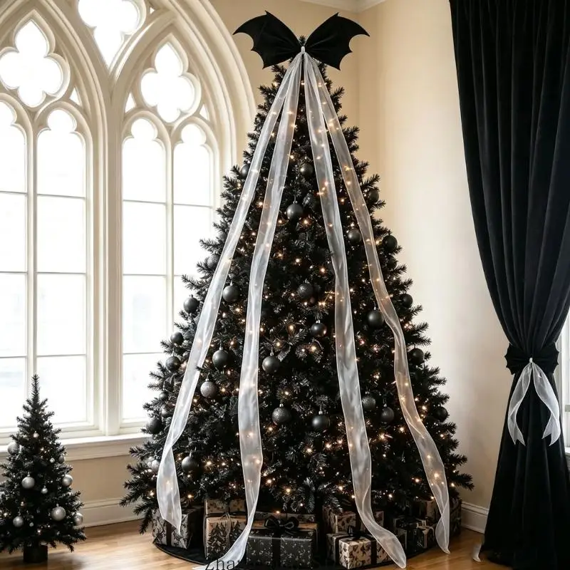 Dunkler, saisonaler Fledermaus-Baumschmuck mit schwarzem Stoff und langen, durchsichtigen Luftschlangen für die – Detail 10