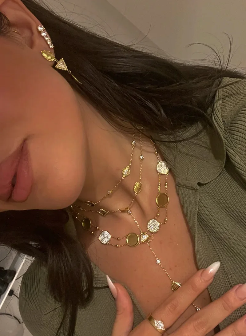 2026 New Fashion Women Jewelry Set Geoemtric Charm CZ Station Link Chain Gold Color Dangle Earring Long Double Layer Necklace