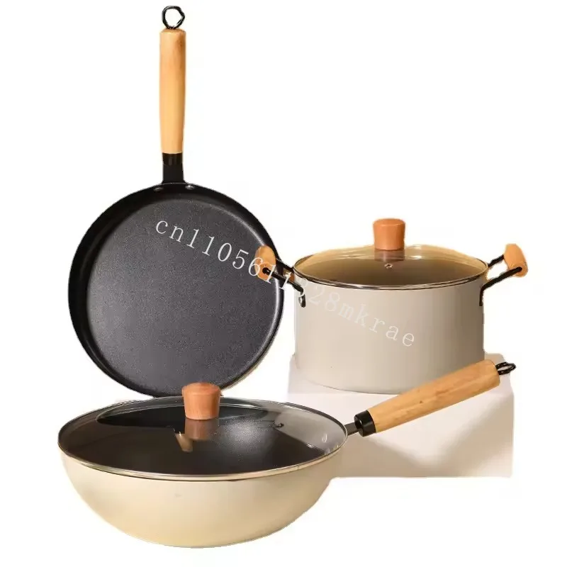 

New new design 2025 kitchen cooking 3pcs pot fine iron cookware set non-stick Maifan stone coated wooden handle pots and pans