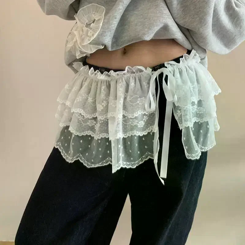 

Корейская модная кружевная мини-слойная юбка с занавеской и цветами, кружевная сетчатая юбка до половины тела, женские летние плавки, джинсы, декоративный подол